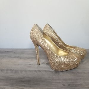 Bakers Gold Glitter Platform Pumps in box